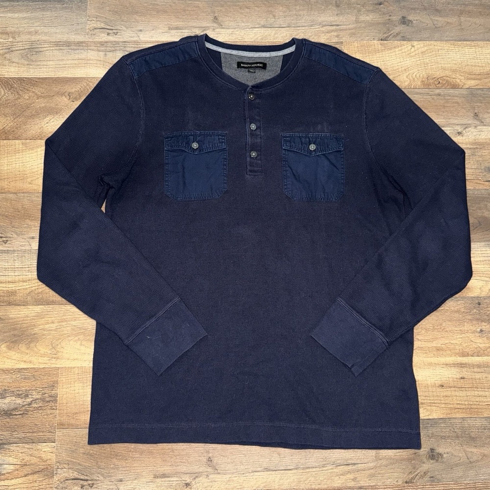 Banana Republic Henley Shirt Mens XL Blue Long Sleeve Waffle Knit Cotton Blend